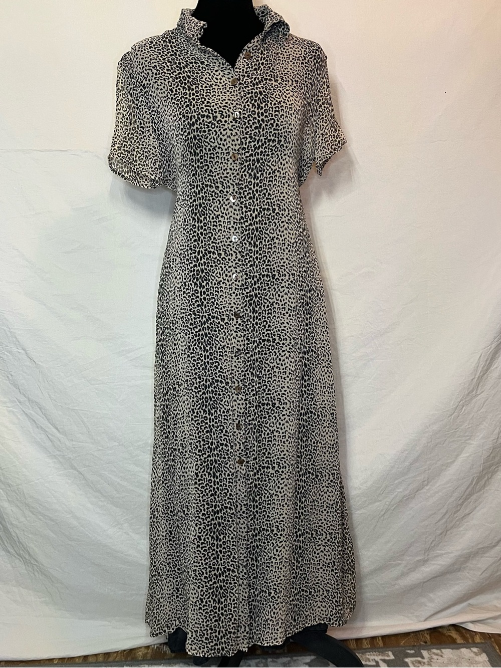 100% Silk Black and White Leopard Print Button-Front Maxi Dress